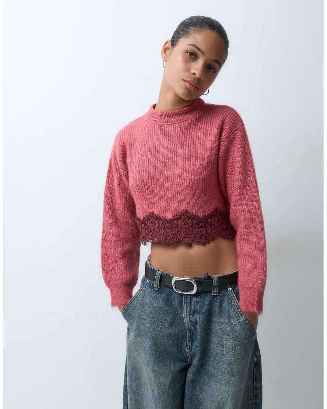 Miss Selfridge Red Super Crop Rib Sweater With Lace Hem