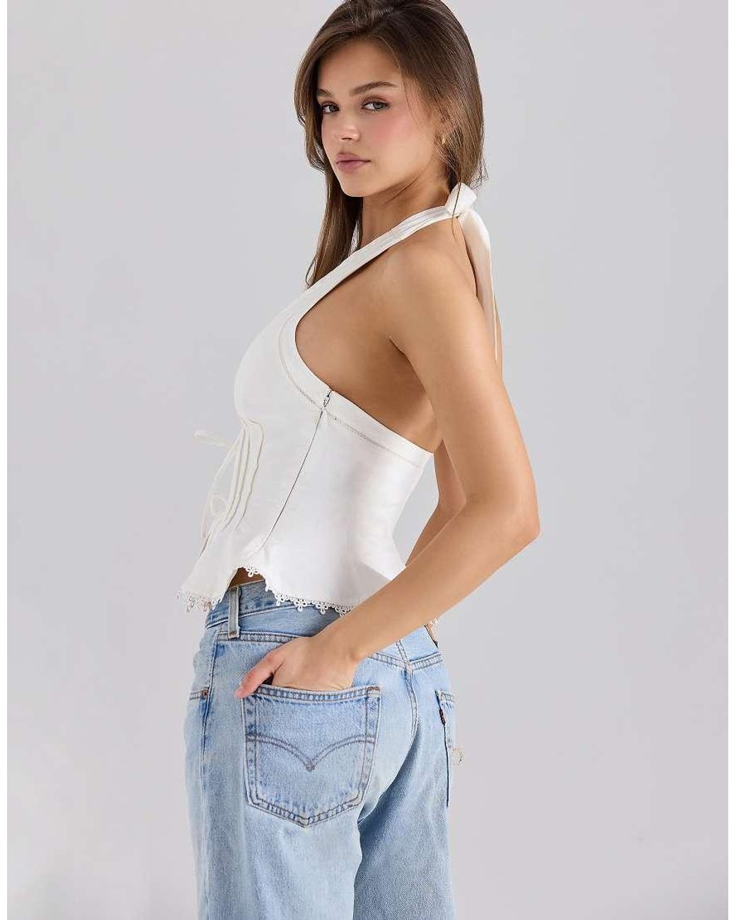 House Of Cb White Elana Stretch Cotton Halter Neck Corset Top