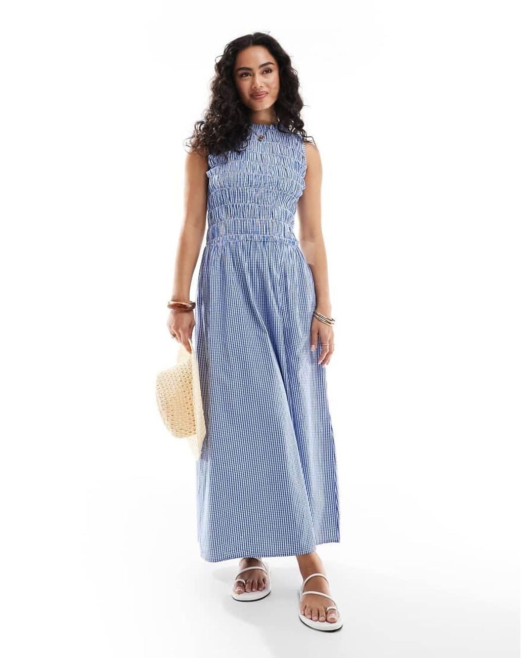 ONLY Blue Dropped Waist Shirred Maxi Dress