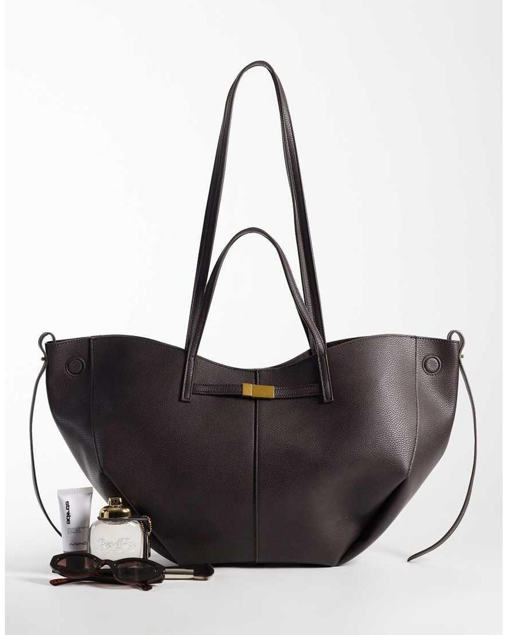 Gina Tricot Black Faux Suede Large Tote Bag With Strap Detail