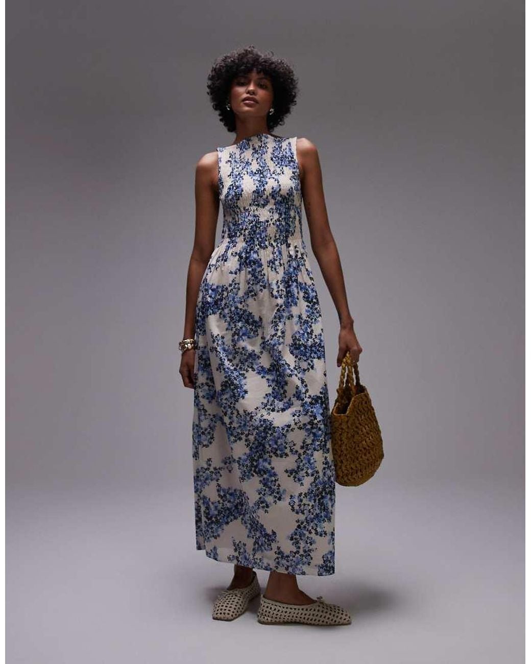& Other Stories Gray Boat Neck Maxi Dress With Smocked Bodice