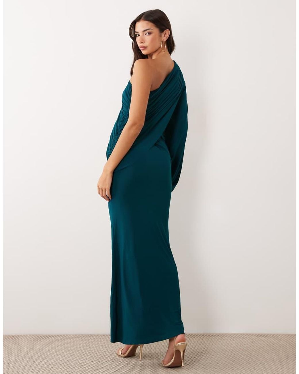 ASOS Blue Slinky One Shoulder Draped Maxi Dress With Blouson Sleeve