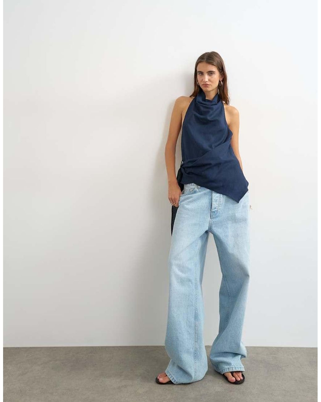 TOPSHOP Blue Linen Rich Cowl Tie Detail Top
