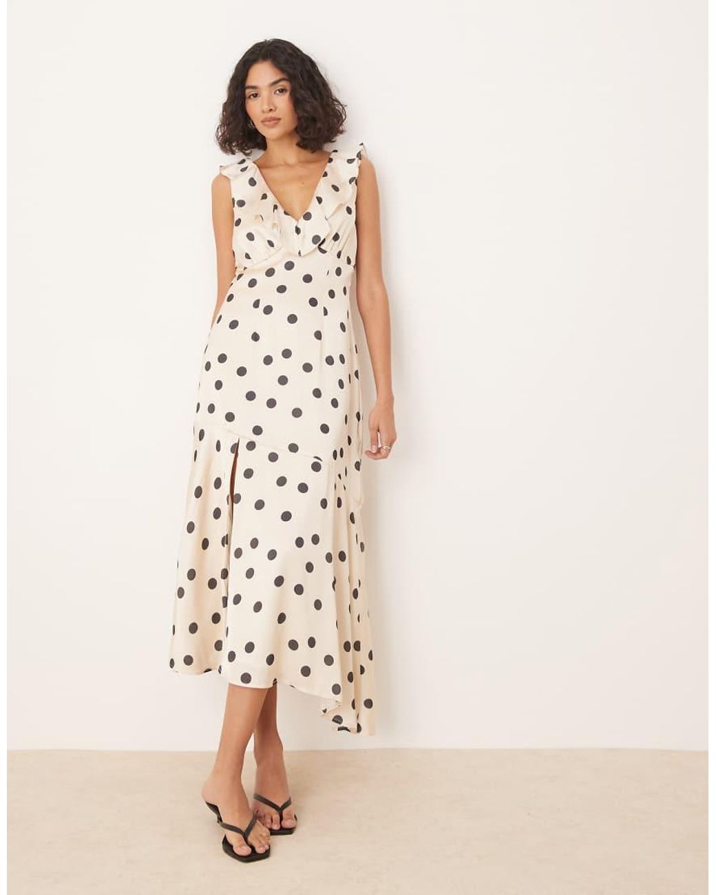 ANAYA Natural Polka Dot Asymmetric Midi Dress