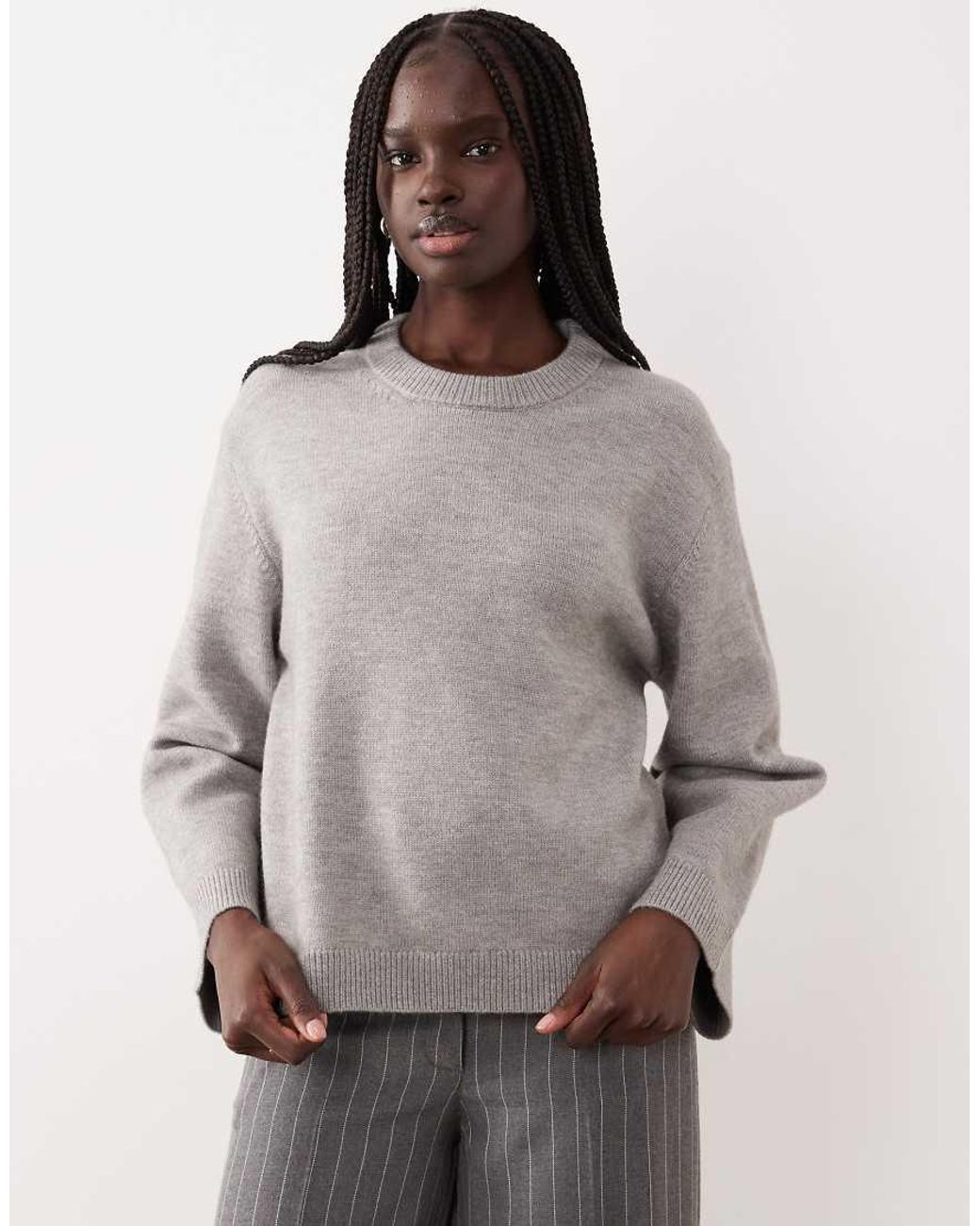 Gina Tricot Gray Crew Neck Knitted Sweater With Wide Sleeves