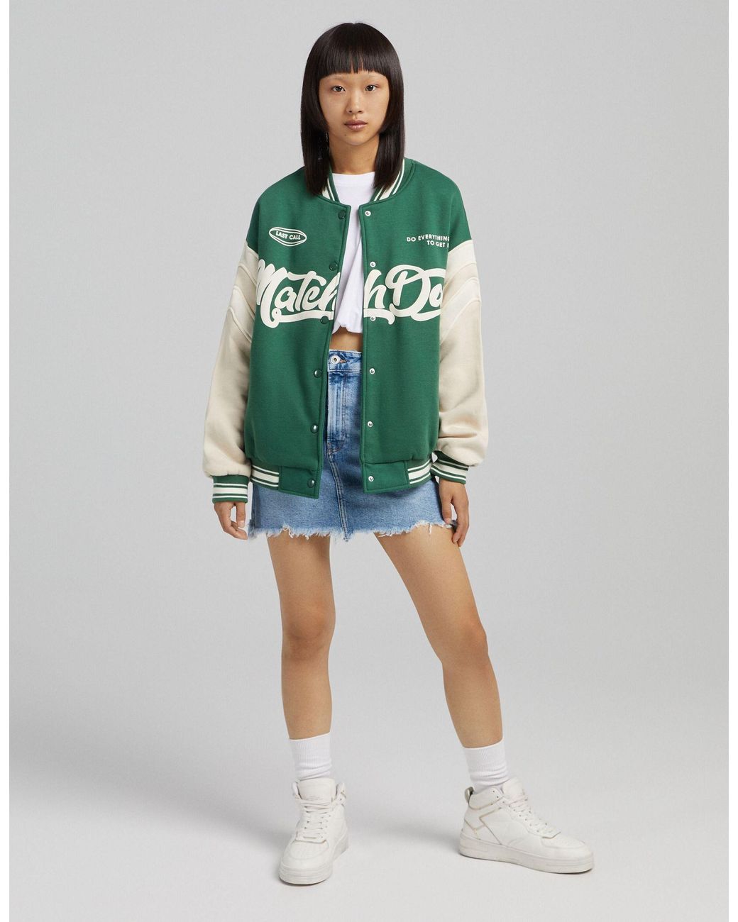 Bershka Varsity Oversized Bomber in Green | Lyst