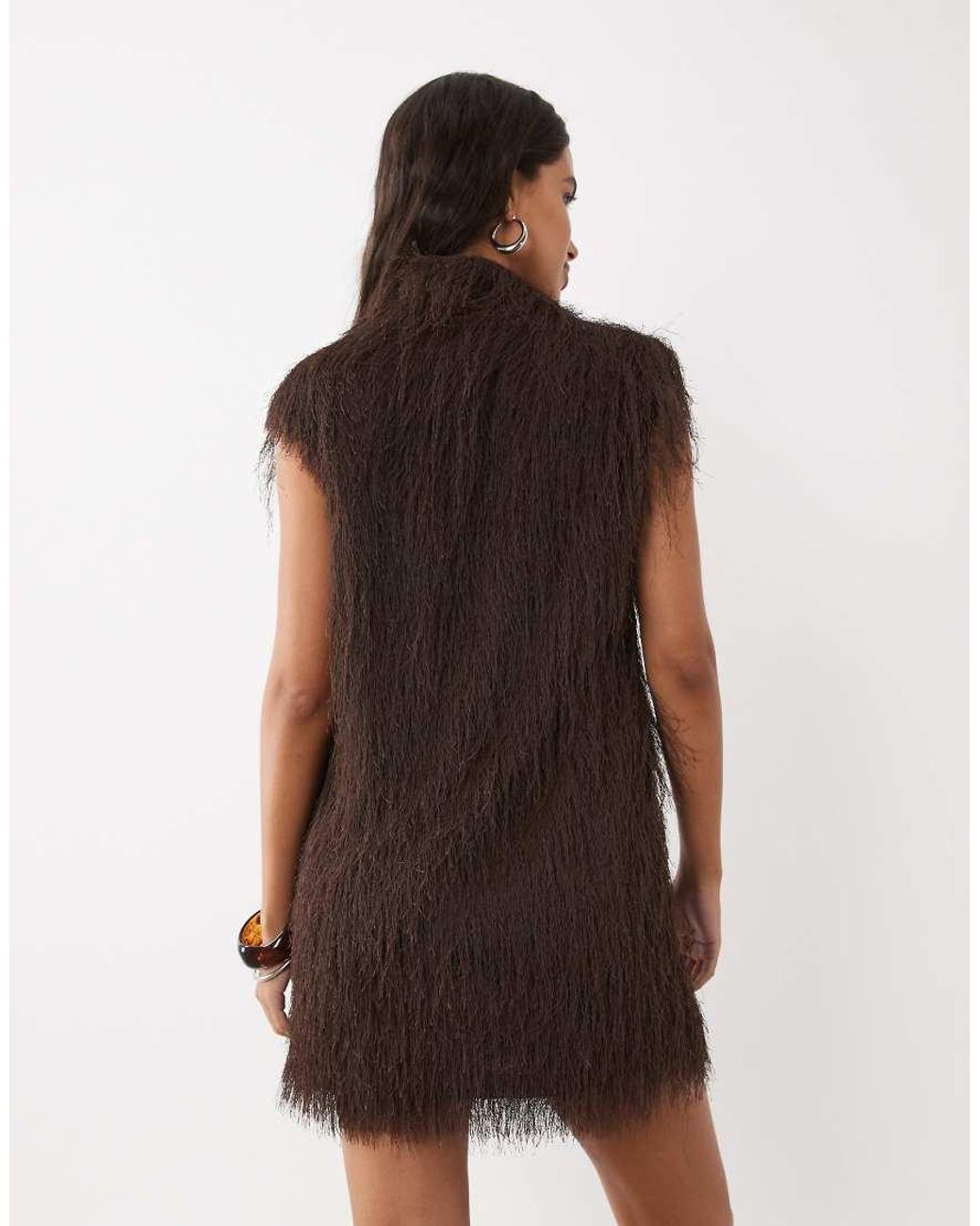 ASOS Brown Fluffy Sleeveless Funnel Mini Dress