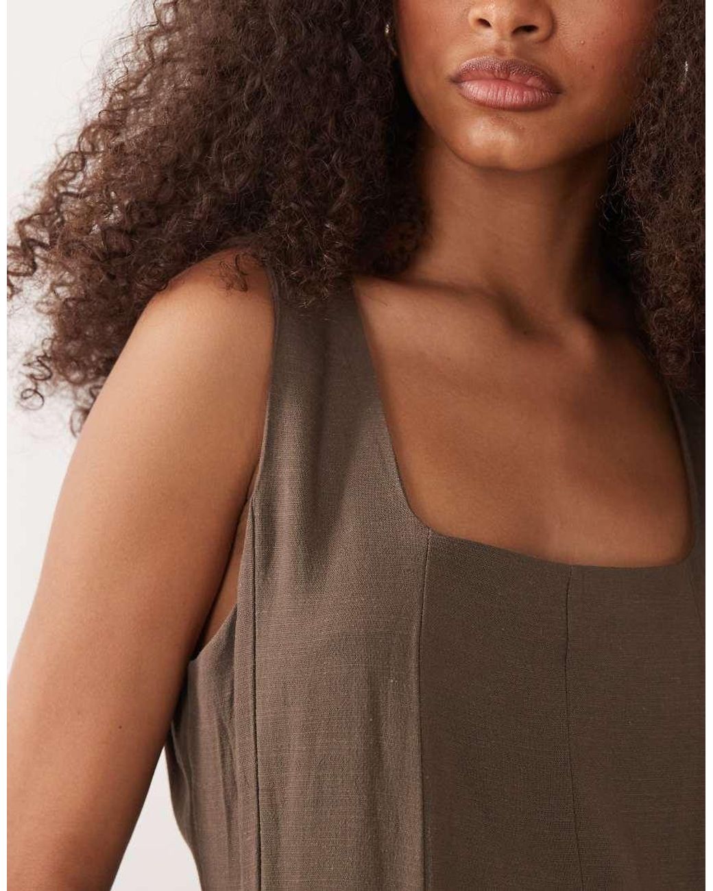 Vila Natural Square Neck Linen-touch Midi Dress