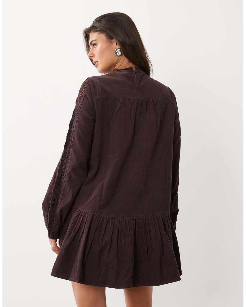 Nobody's Child Brown Denise Cotton Pointelle High Neck Panelled Peplum Hem Mini Dress