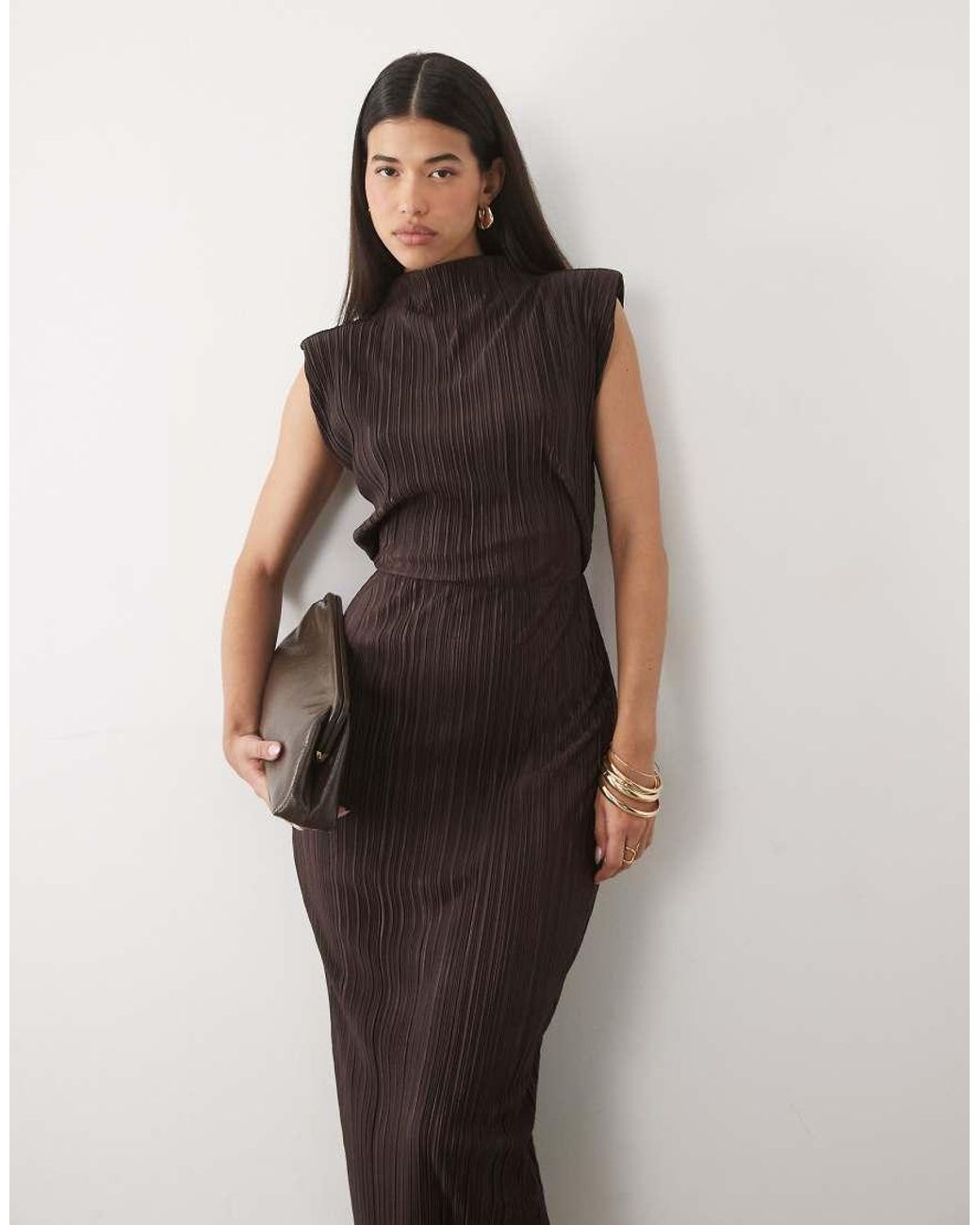 ASOS Brown Plisse High Neck Column Midi Dress With Shoulder Pads
