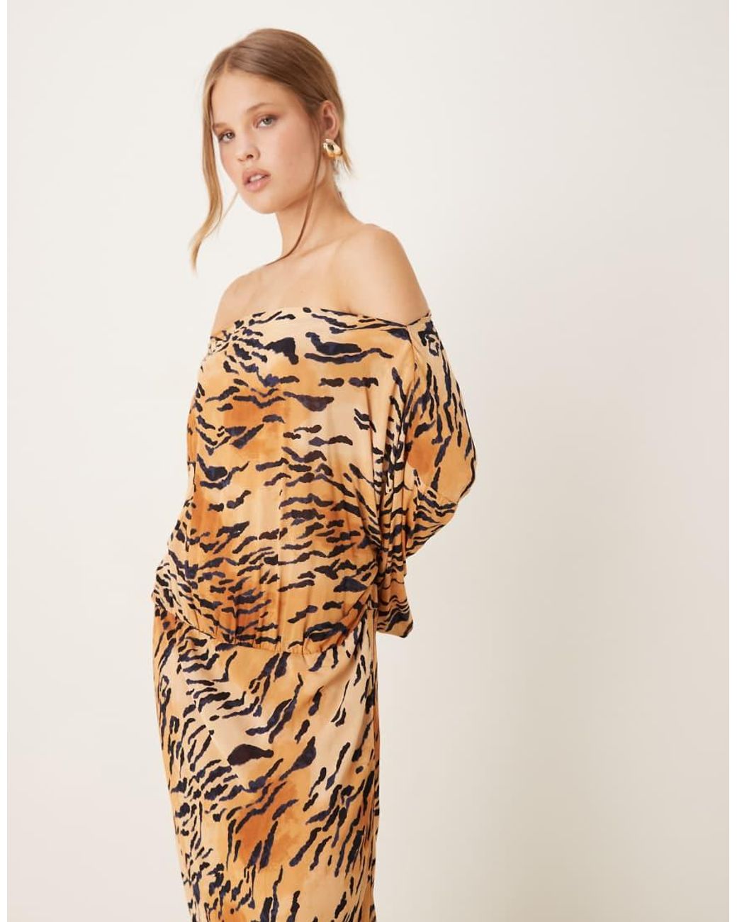 Never Fully Dressed Natural Plisse Off Shoulder Maxi Dress