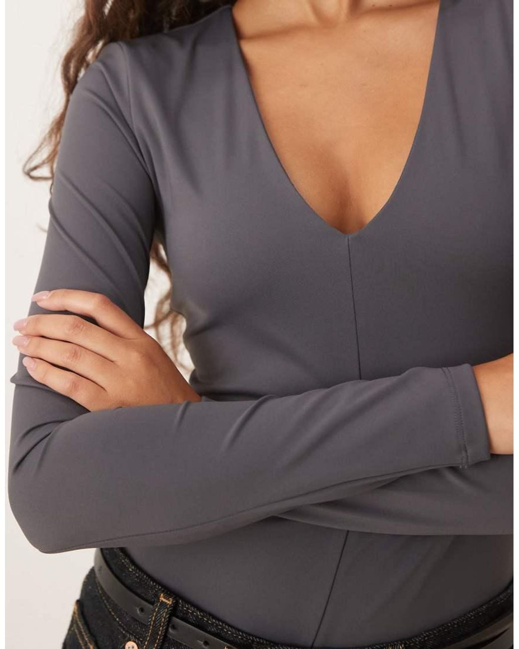 Glamorous Gray V-Neck Long Sleeve Bodysuit