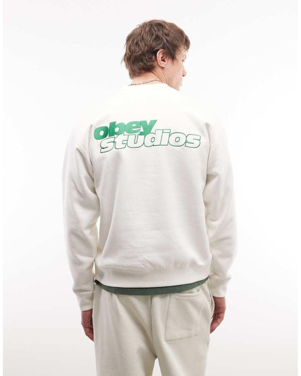 Obey White Tonic Logo Crew Neck Sweatshirt With Back Print for men
