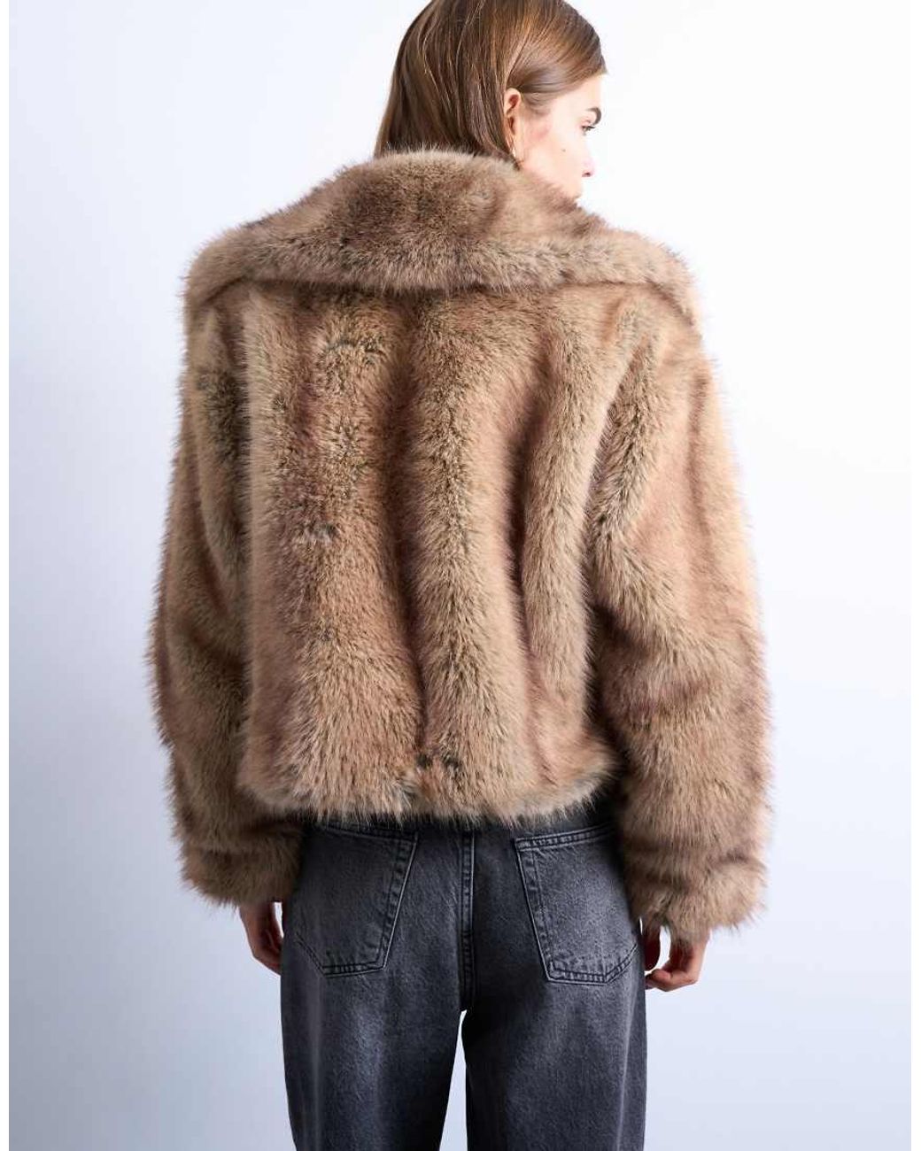 TOPSHOP Blue Faux Fur Stripe Zip Thru Bomber Jacket