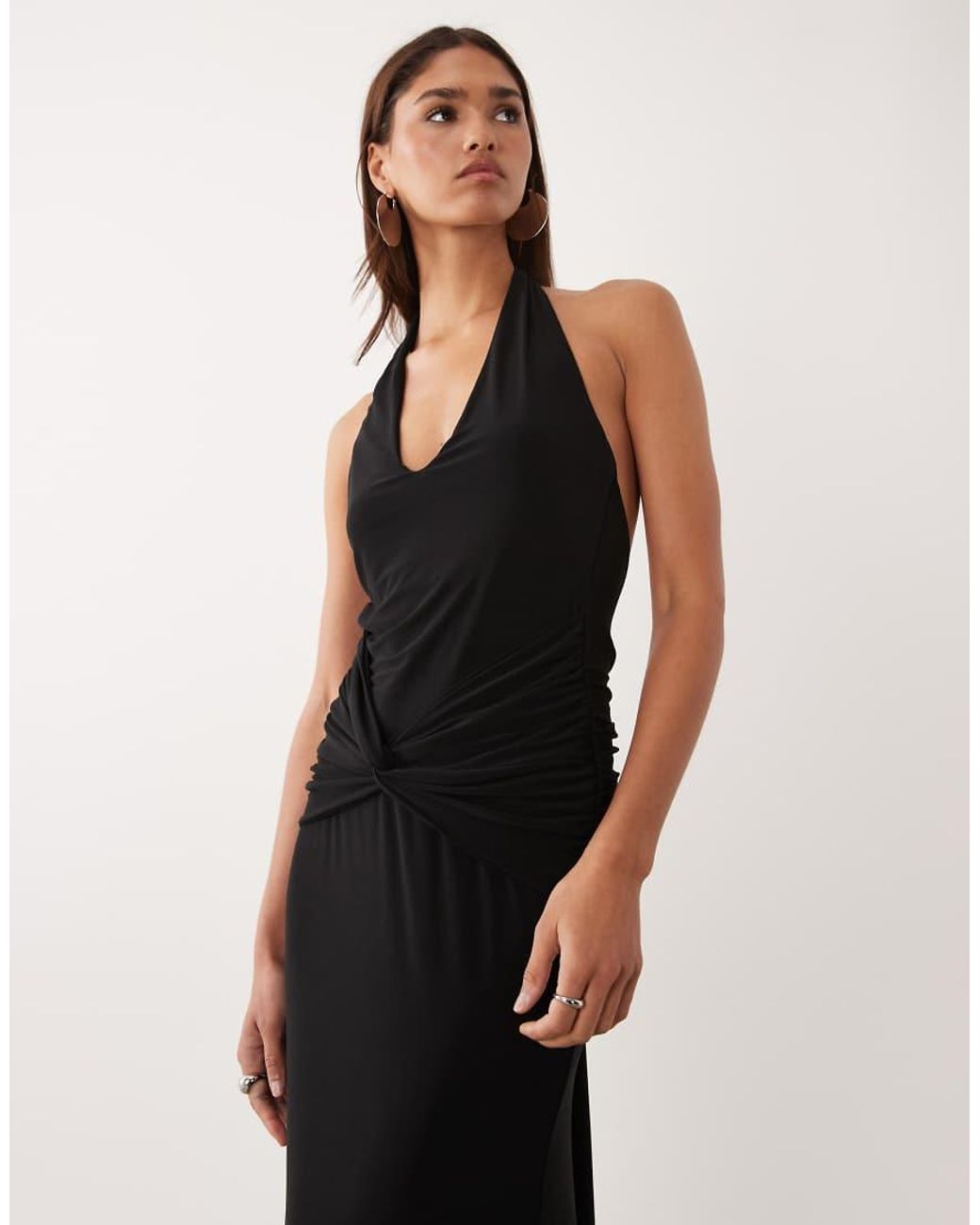 ASOS White Deep Plunge Halter Maxi Dress With Ruched Hip