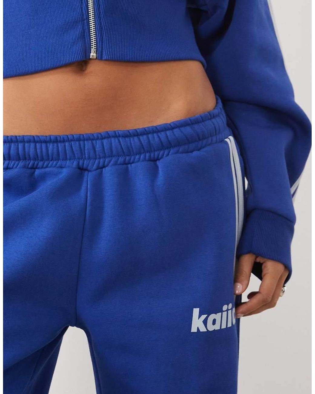 Kaiia Blue Cotton Rich Embroidered Logo Side Stripe Wide Leg Trackies