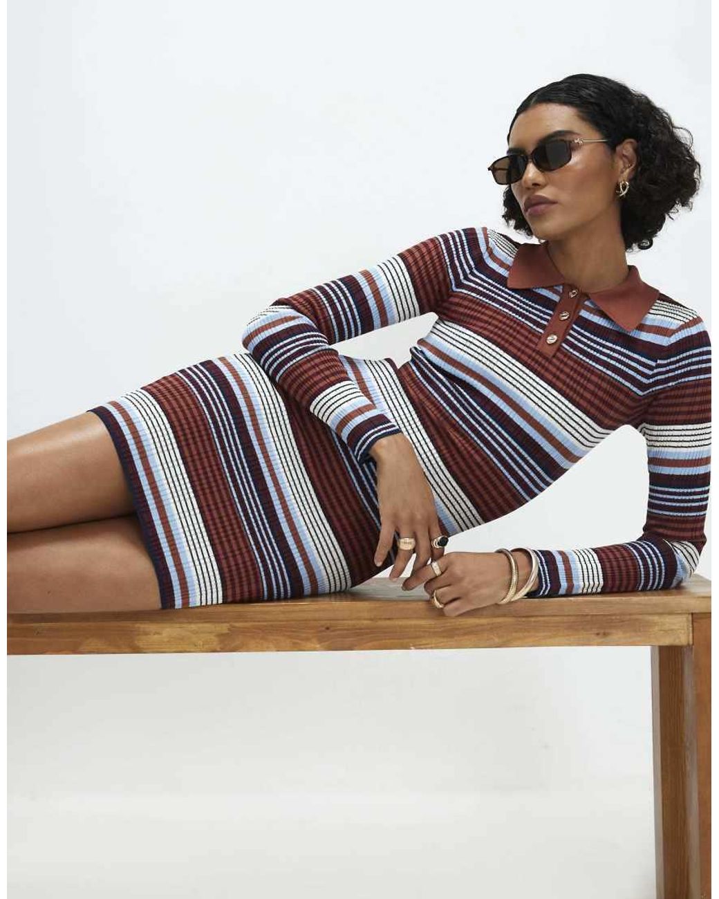 River Island Blue Stripe Knitted Polo Mini Dress