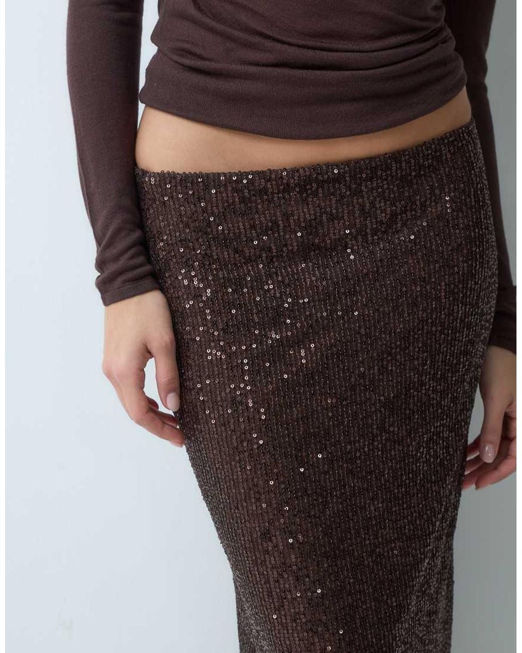 ASOS Brown Sequin Pencil Skirt With Lace Trim