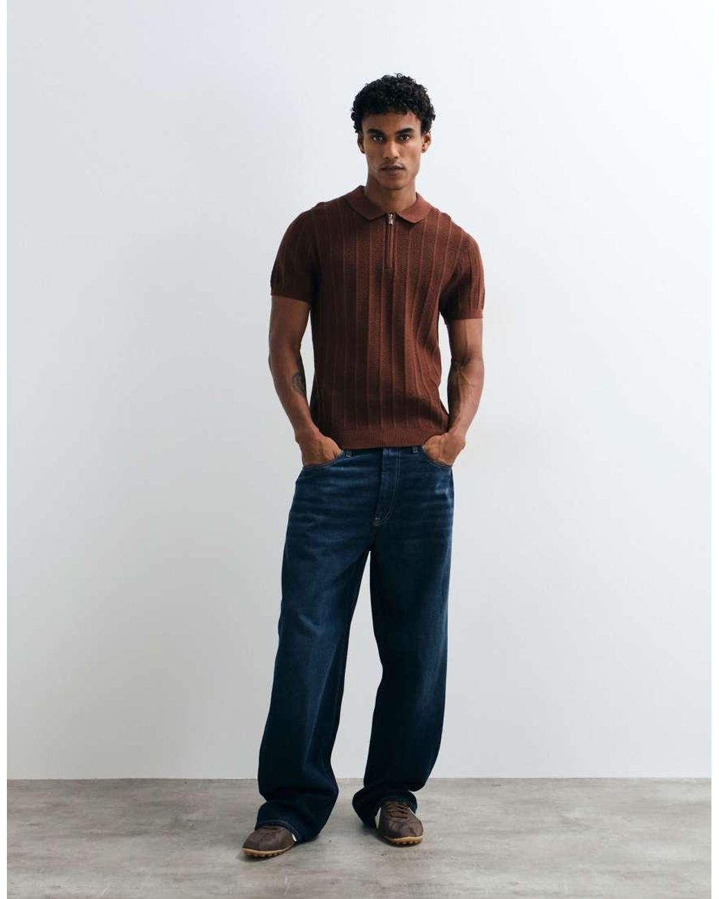 New Look Brown Short Sleeve Quarter Zip Texture Polo for men