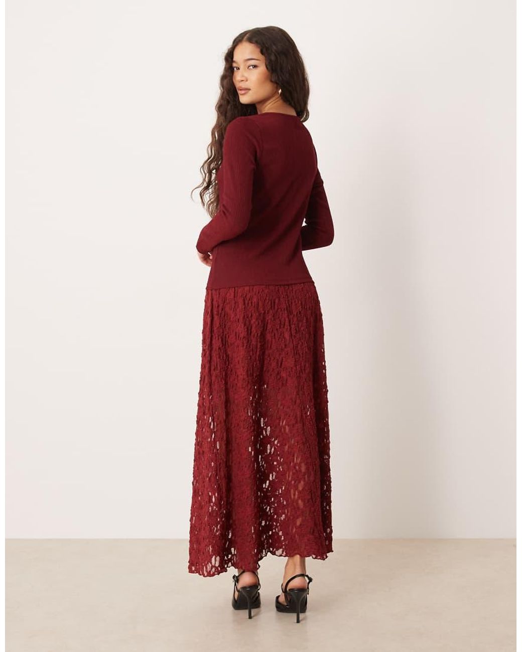 ASOS Red Long Sleeve Dropped Waist Lace Skirt Midi Dress