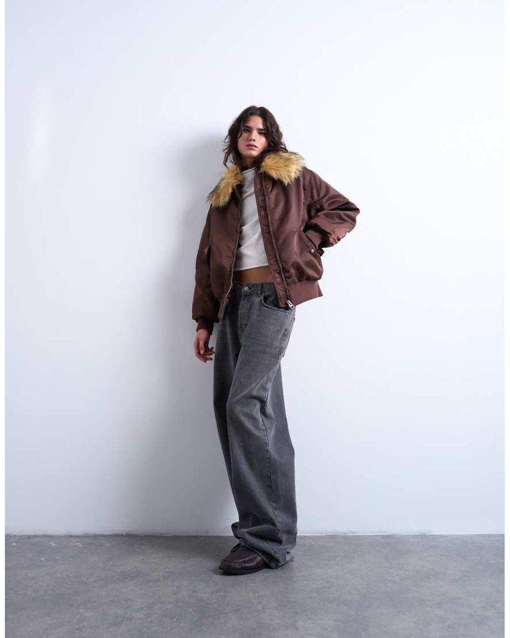 TOPSHOP Brown Nylon Bomber Jacket With A Faux Fur Collar