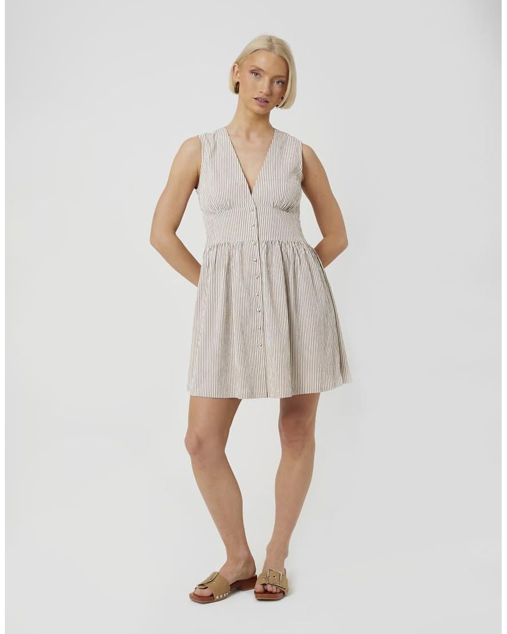 Brave Soul Brown Stripe Sleeveless Mini Dress With Button Details