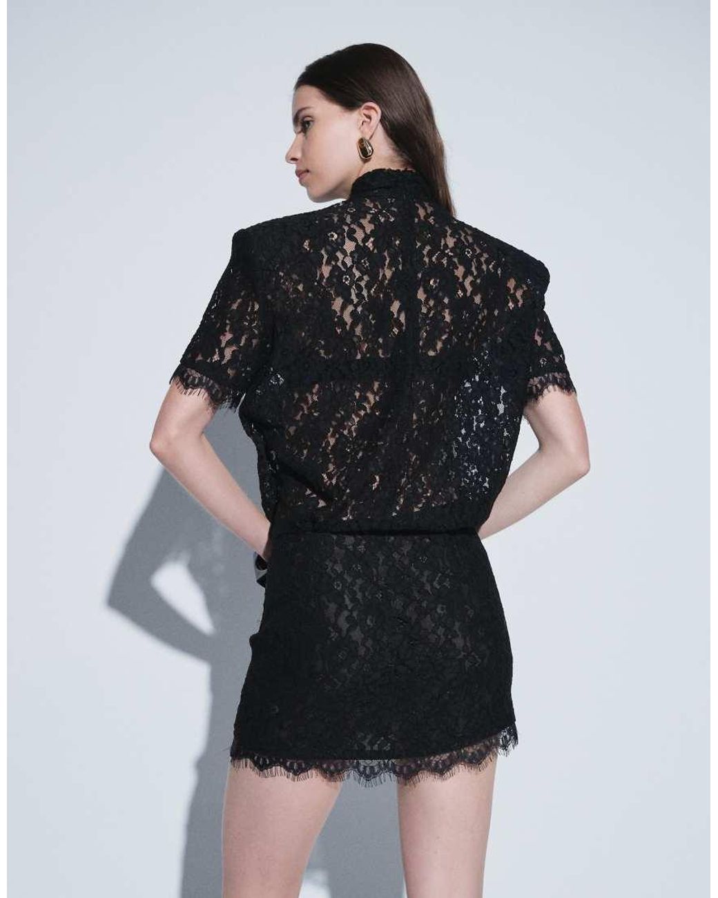 Noughts & Kisses Black Orla Lace High Neck Shoulder Pad Blouson Mini Dress