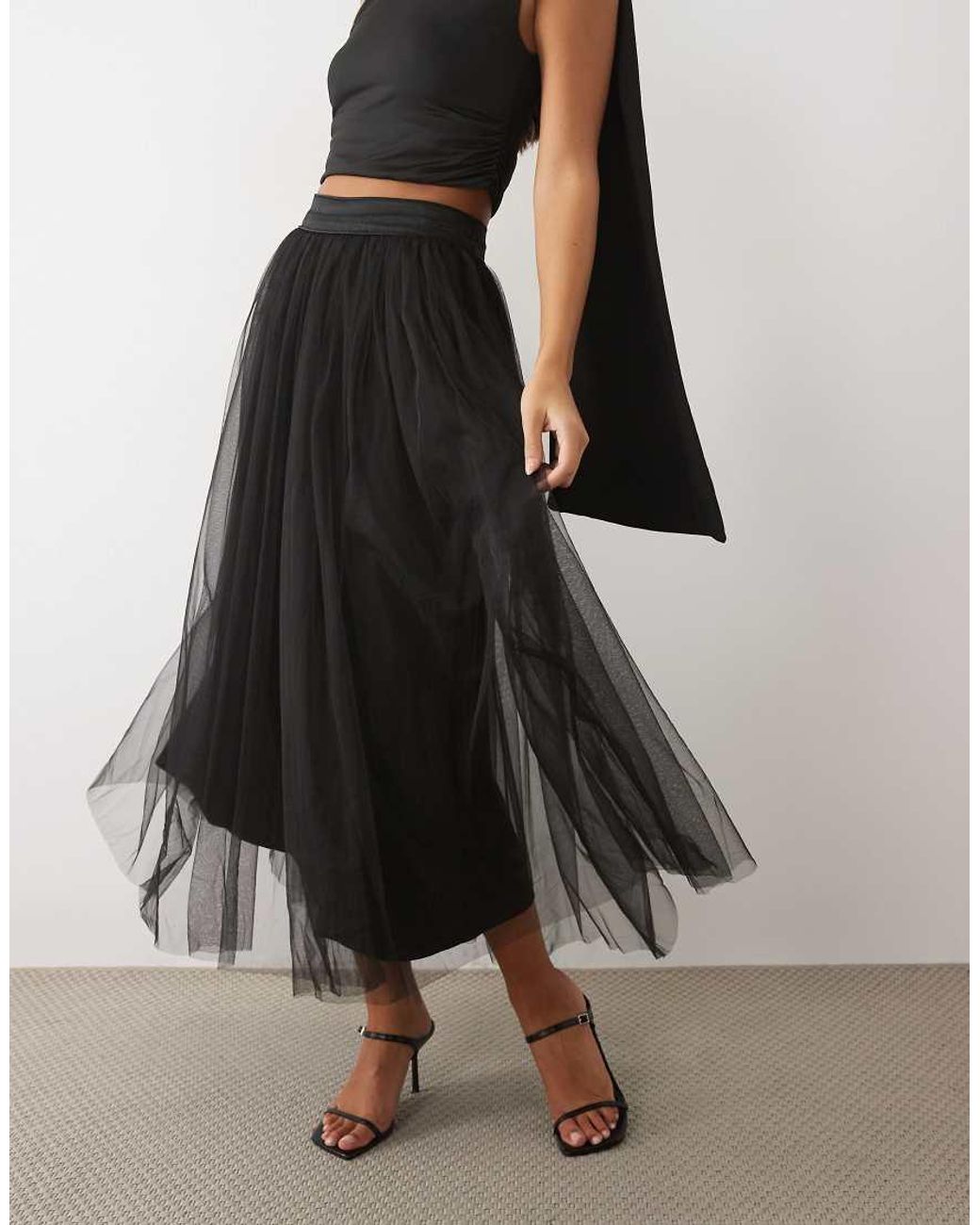 LACE & BEADS Black Tulle High Waist Full Maxi Skirt