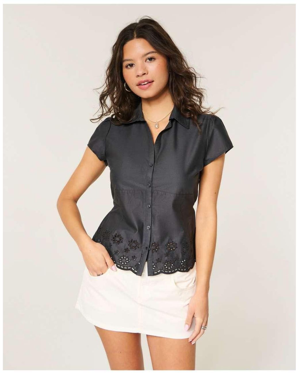 Hollister Black Ciara Short-Sleeve Embroidered Hem Shirt