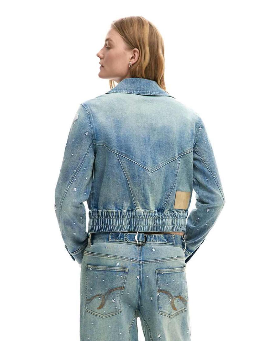 Desigual Blue Embroidered Trucker Jacket, Cotton