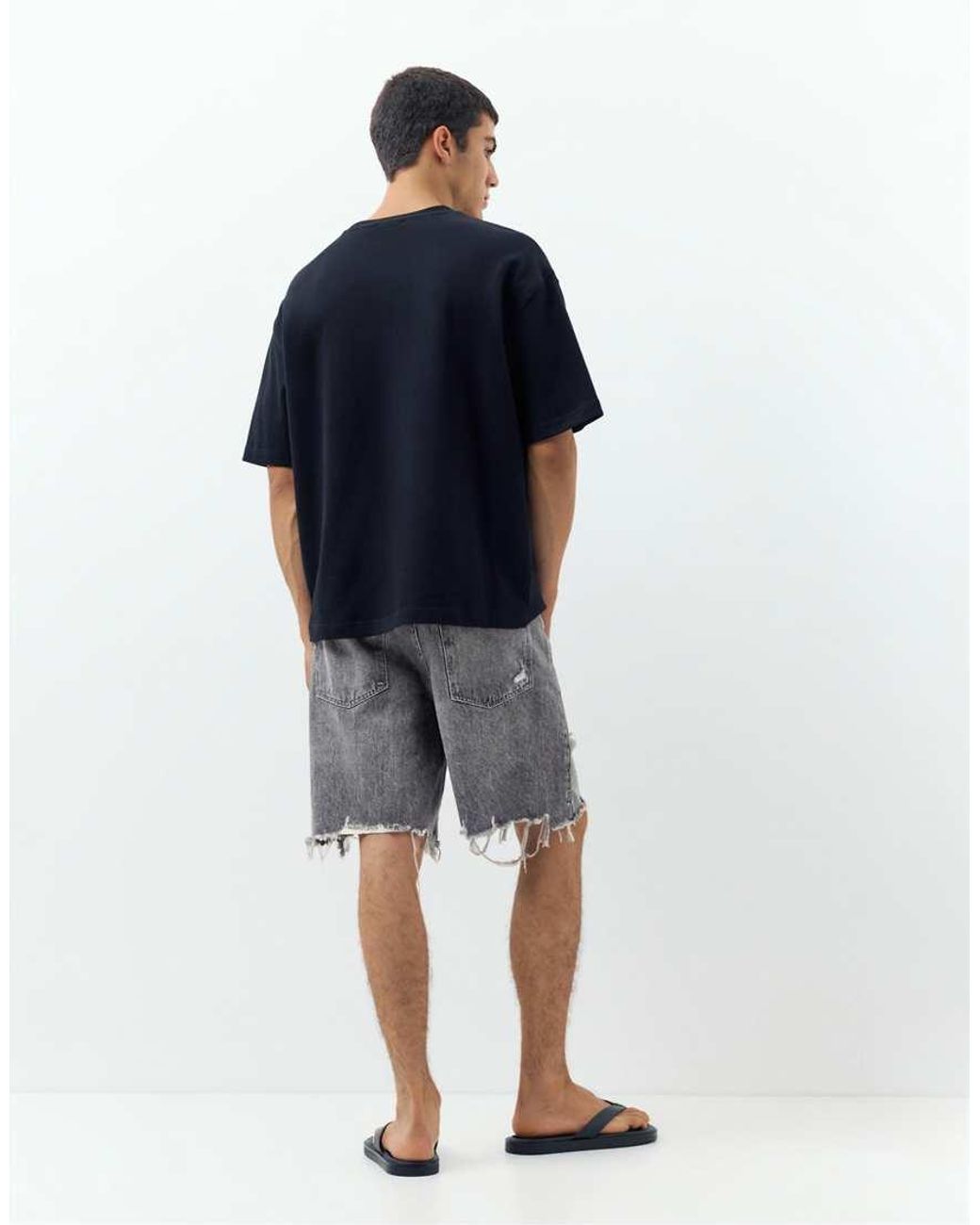 Pull&Bear Gray Straight-Leg Denim Bermuda Shorts for men