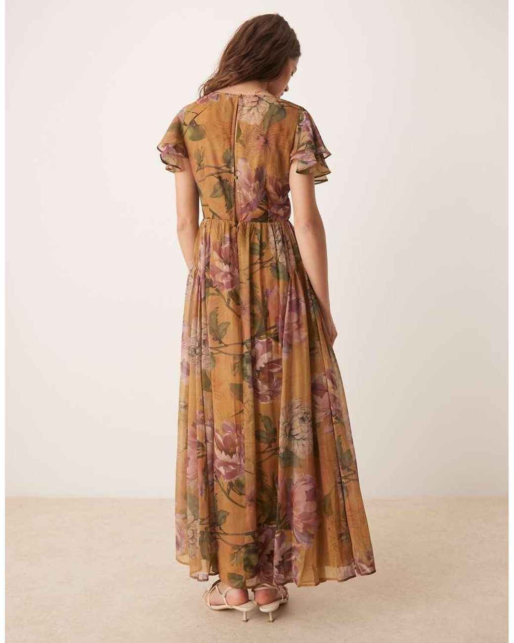 ASOS Natural V Neck Angel Sleeve Cut Out Maxi Dress