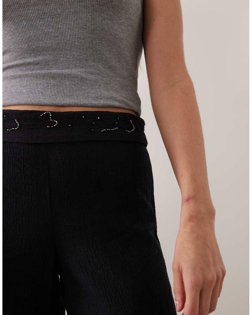 Mango Black Teen Foldover Waist Embroidery Detail Trouser