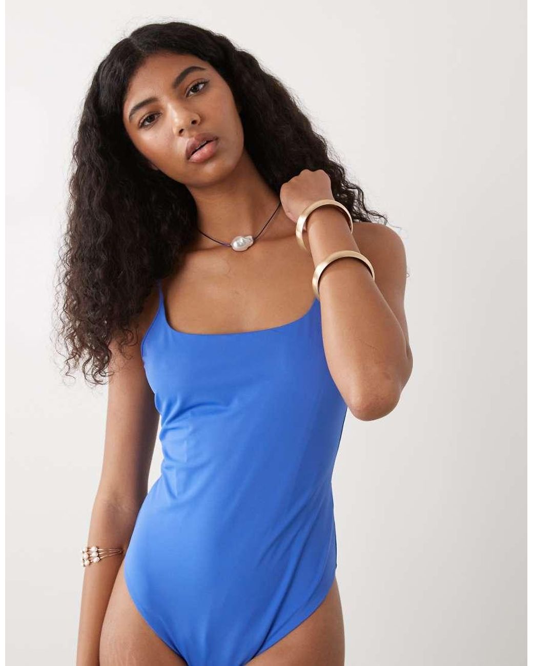 Monki Blue Scoop Neck High Leg Swimsuit
