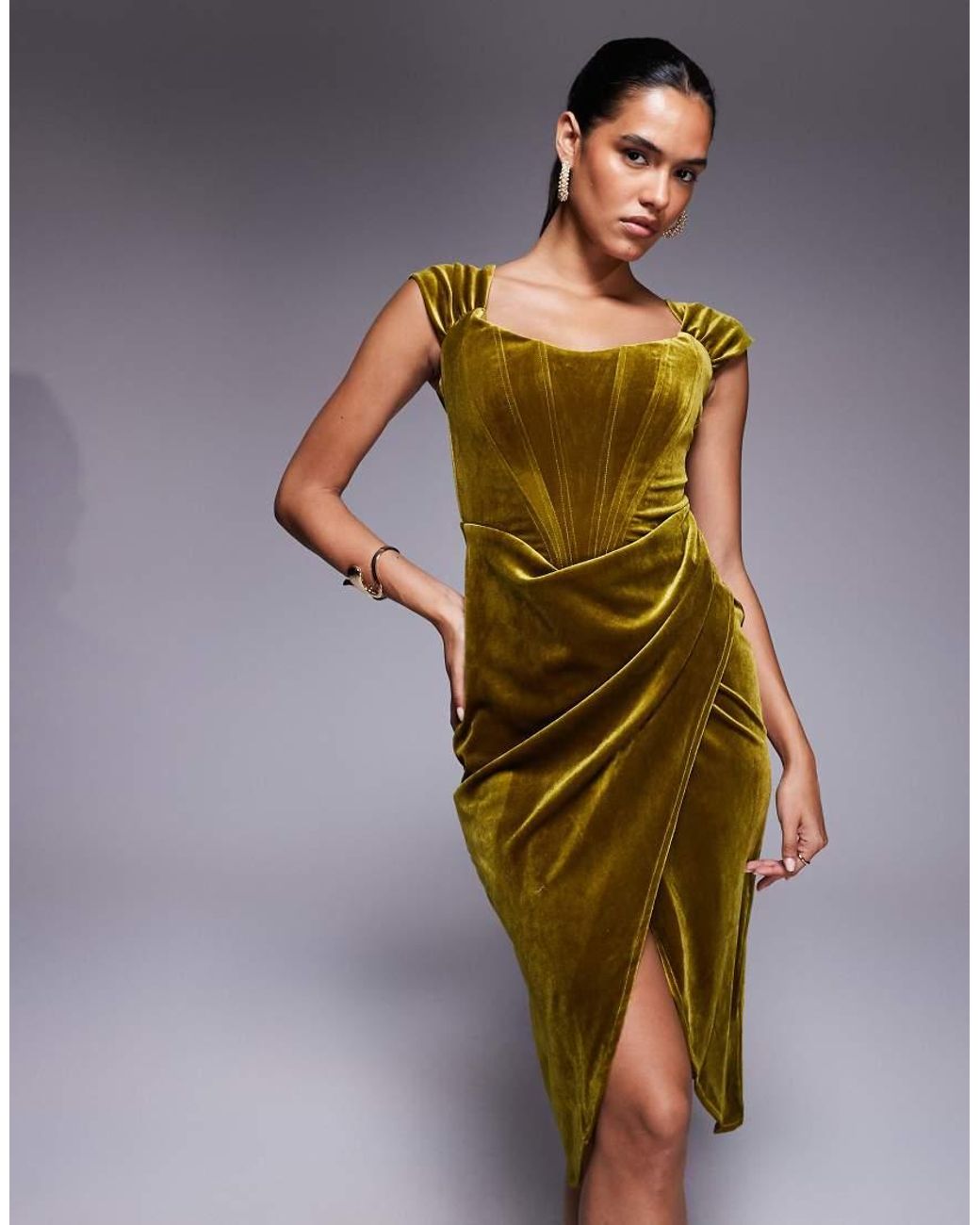 Goddiva Green Draped Shoulder Velvet Corset Midi Dress