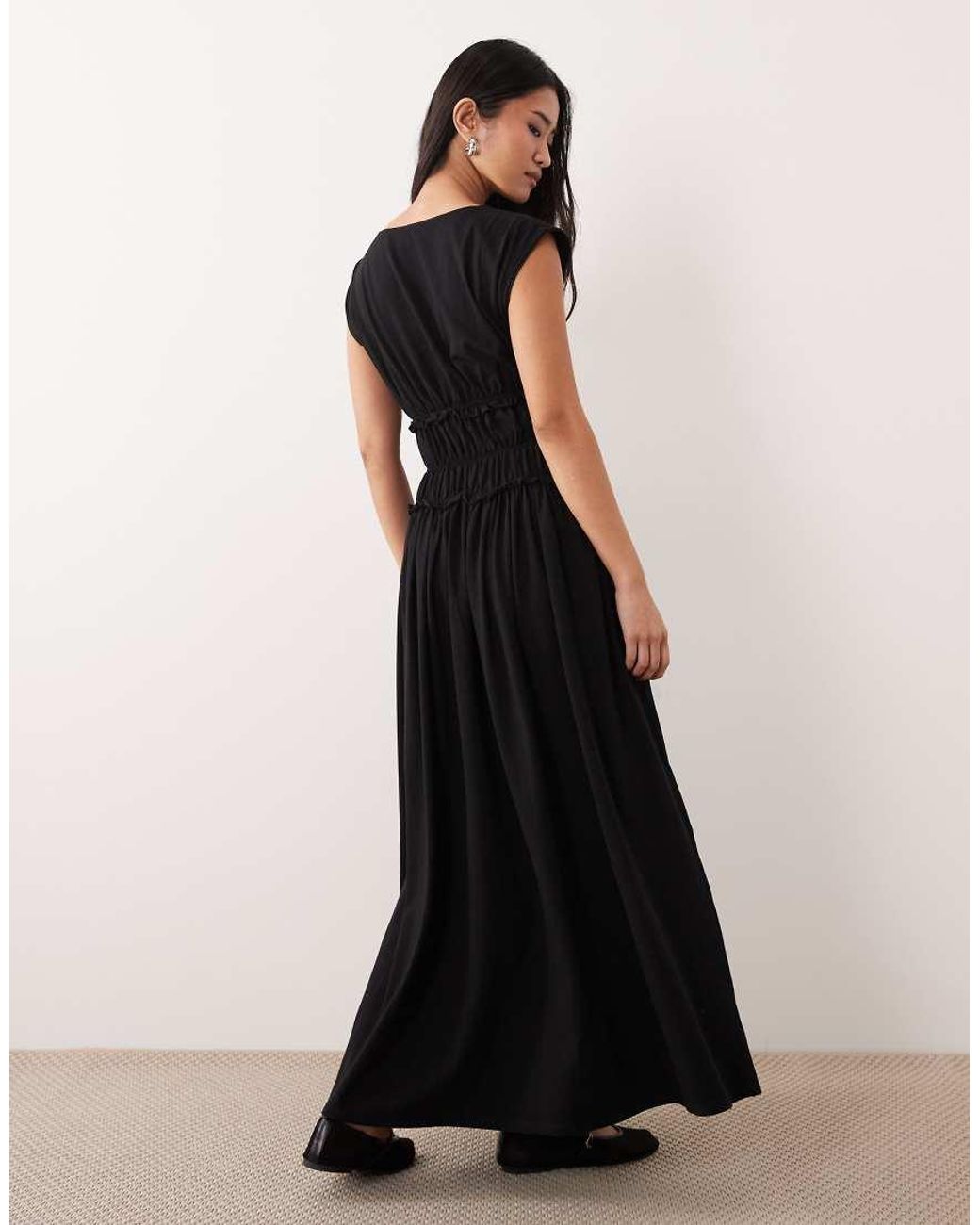 ASOS Black Short Sleeve With Gathered Cinched Waist Maxi Dress