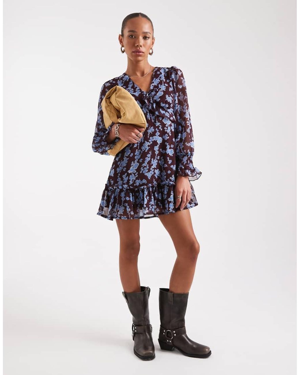 Wednesday's Girl Blue Floral Print Floaty V-Neck Mini Dress