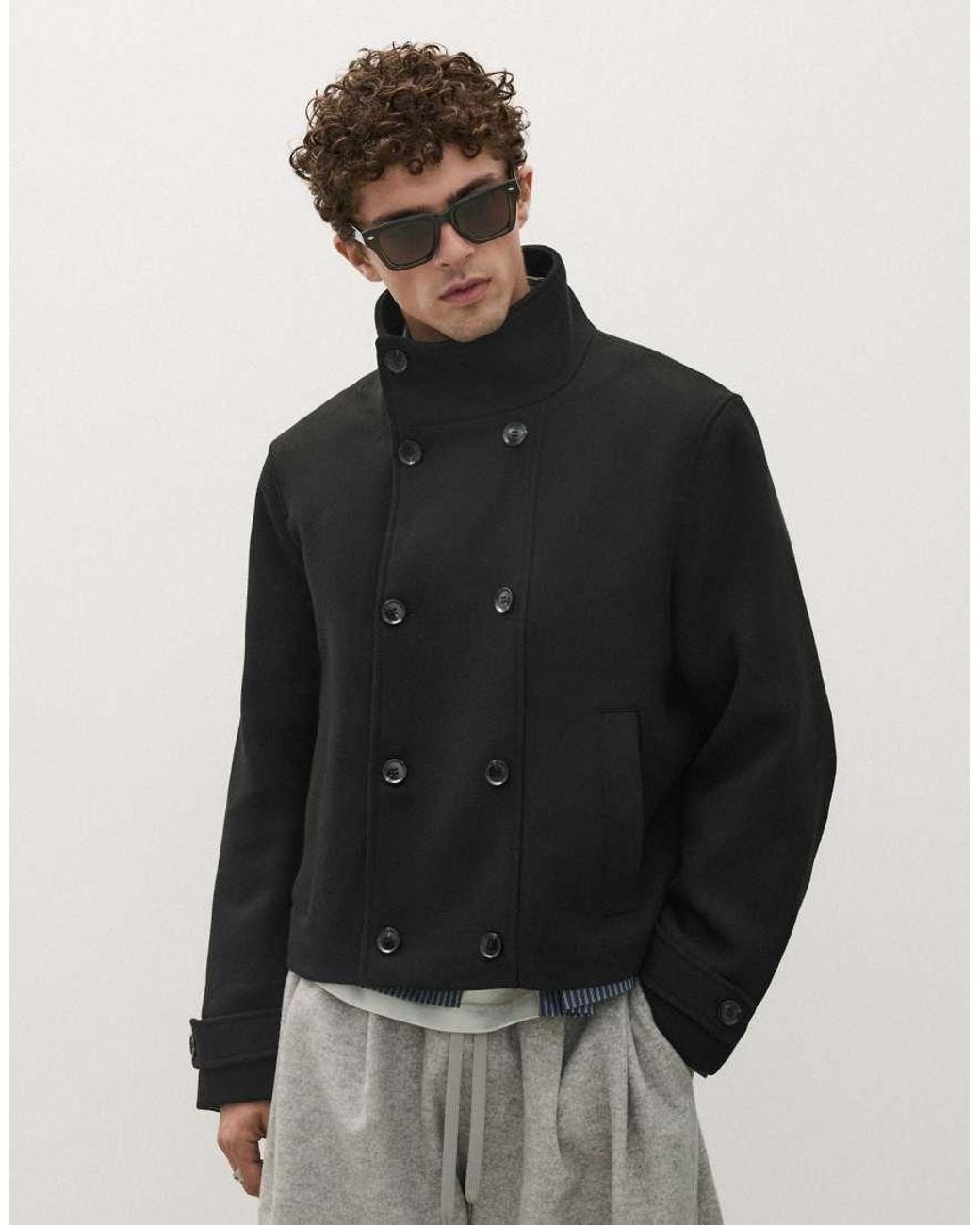 Bershka Black Felt-effect Jacket With Funnel Neck for men