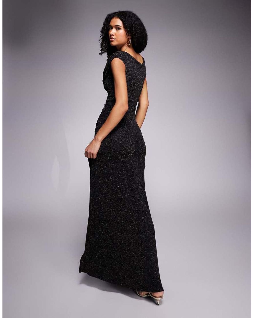 Goddiva Black Sparkle Cowl Neck Off The Shoulder Maxi Dress