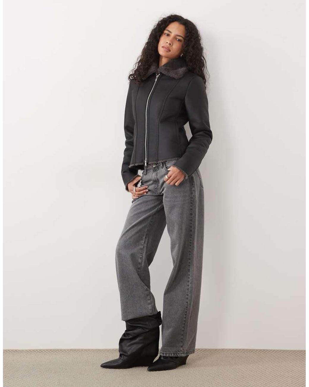 Mango Black Faux Leather Jacket With Faux Fur Trims