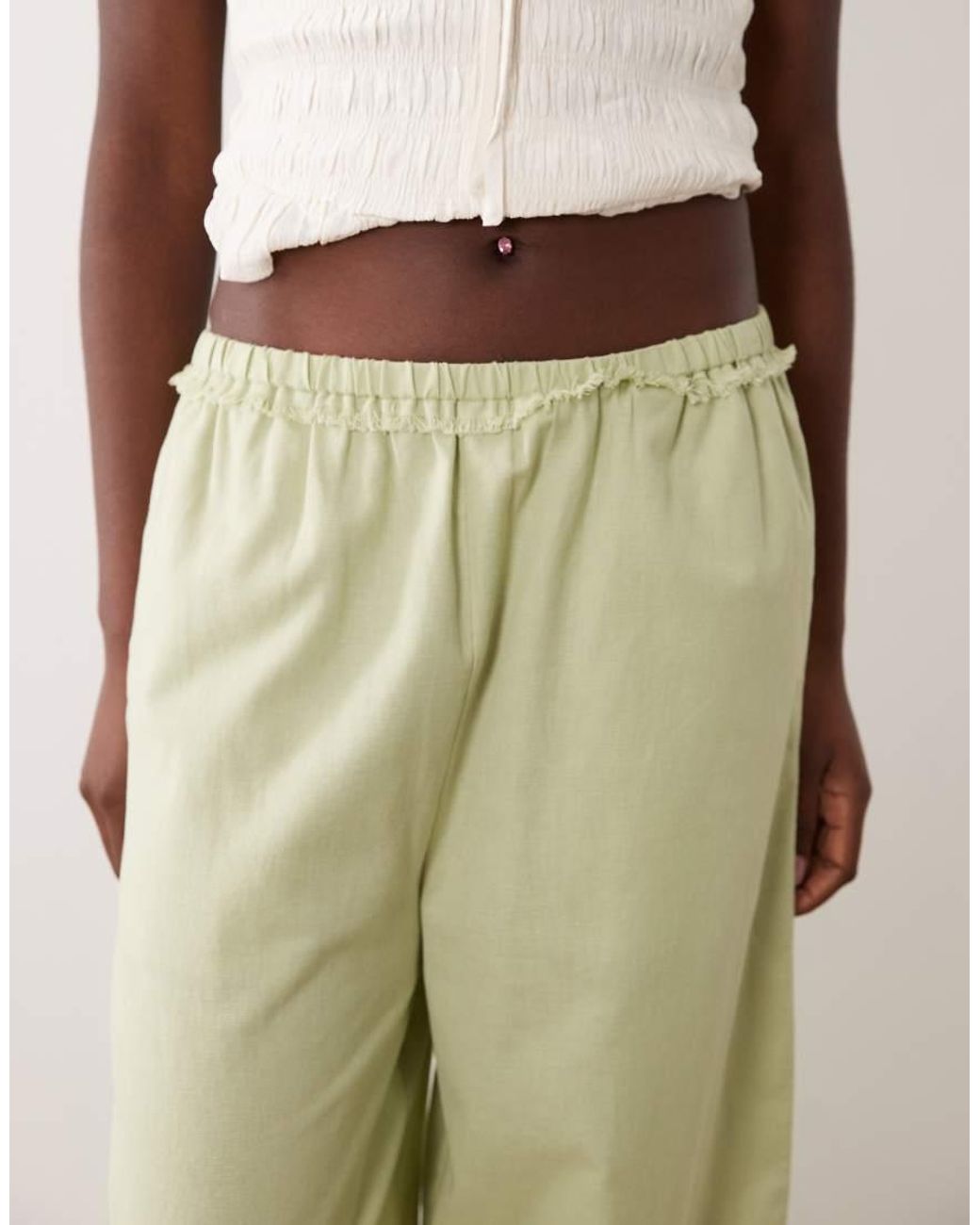 ASOS Natural Linen Blend Pull On Barrel Leg Trousers With Raw Seam Detail