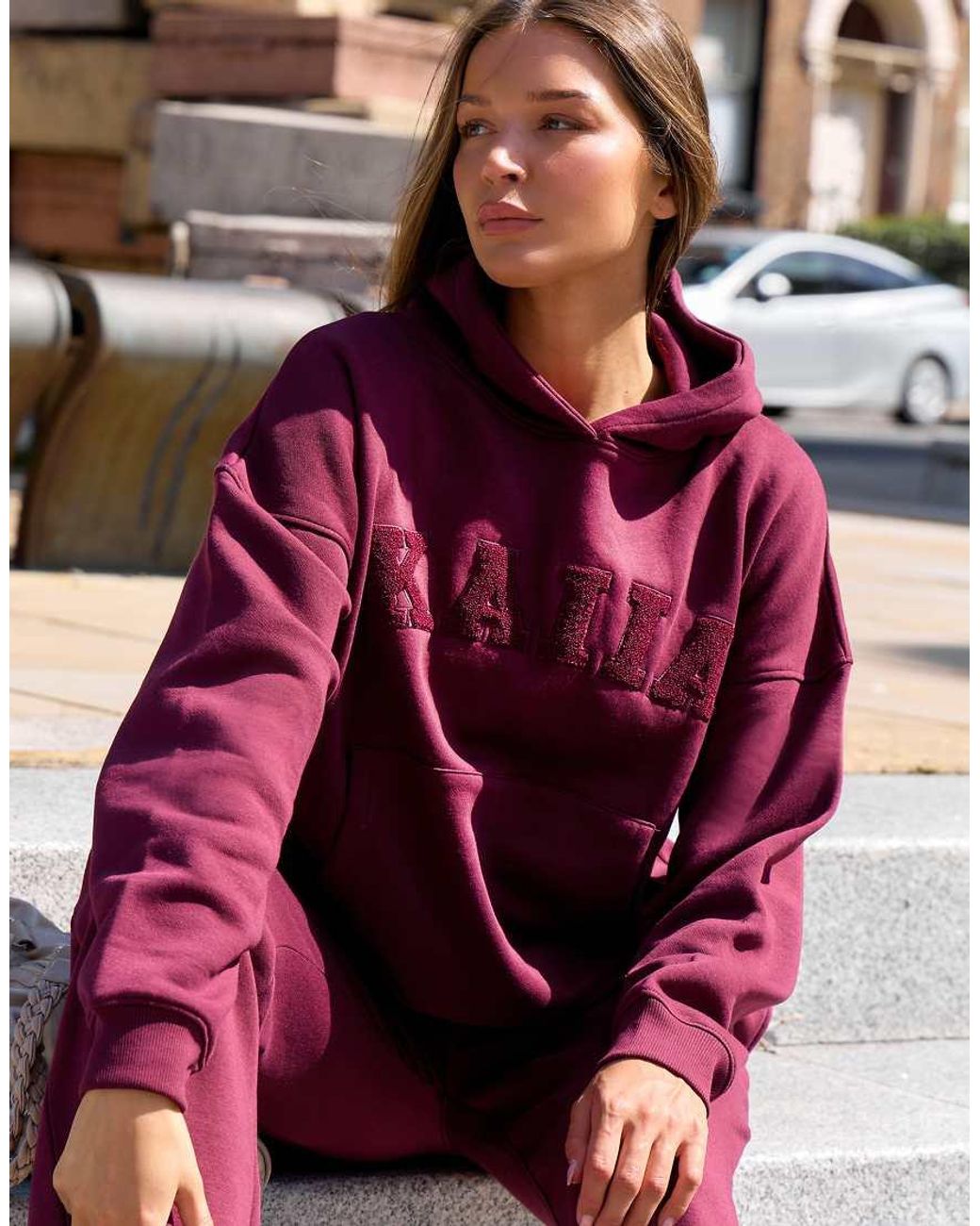 Kaiia Red Cotton Rich Embroide Logo Oversized Hoodie Co-ord