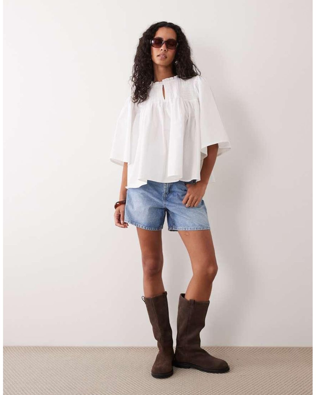 ASOS White Boho Blouse Smock Neck Top