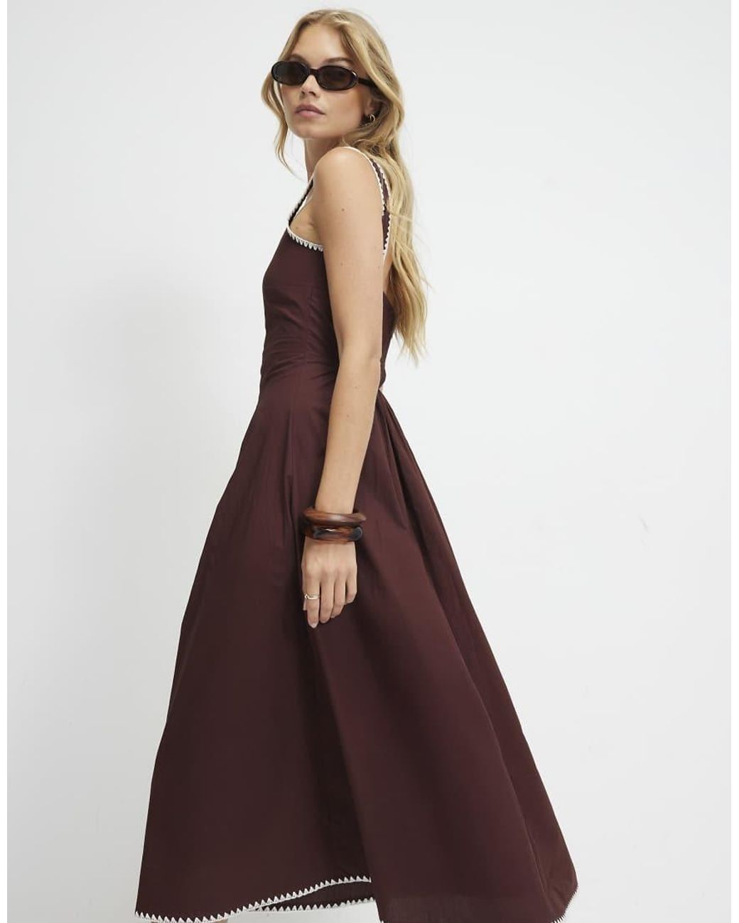 River Island Brown Pleated Poplin Midi Dress