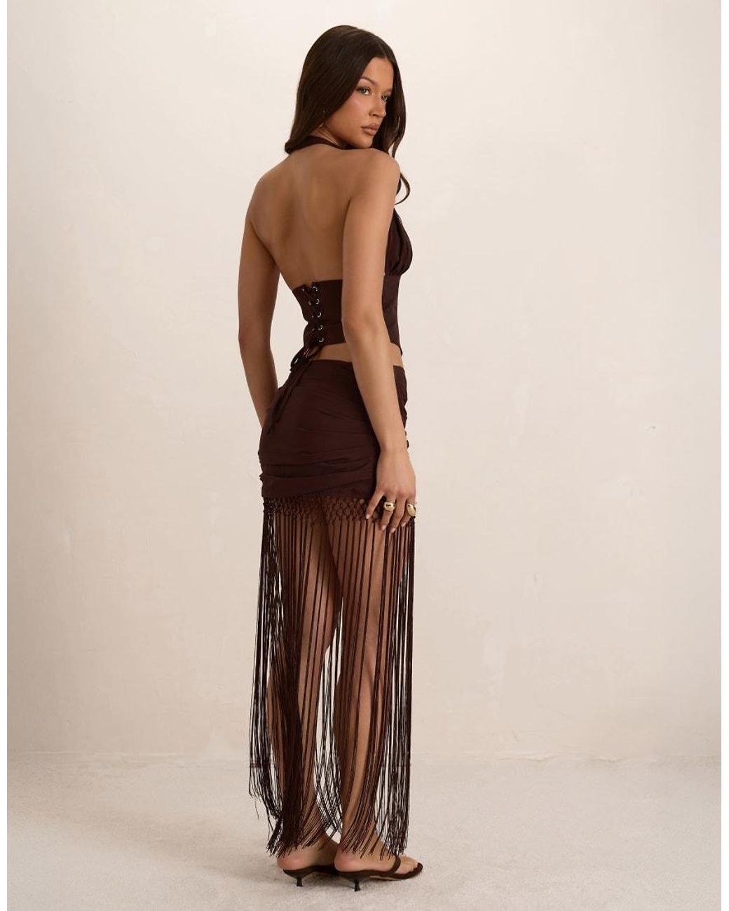 Missy Empire Brown Chiffon Ruched Tassel Maxi Skirt