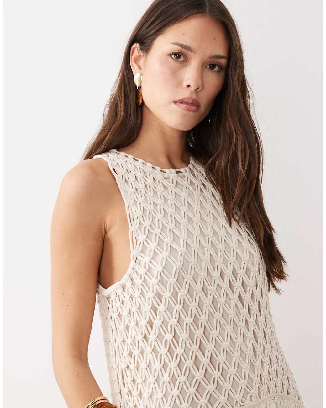 ASOS Natural Macrame Dropped Waist Maxi Dress With Poplin Skirt