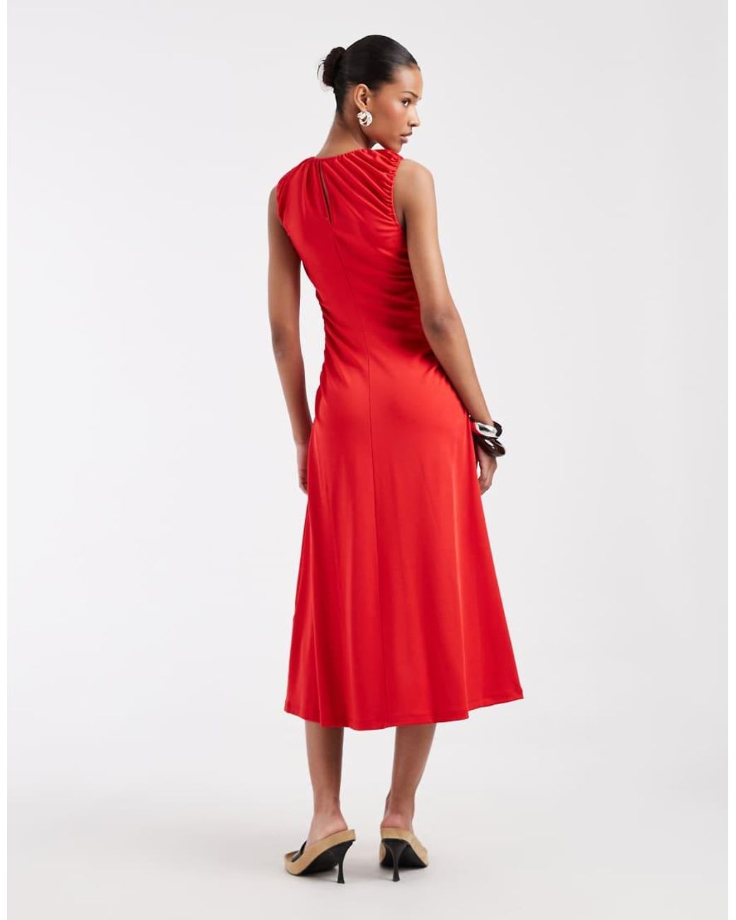 & Other Stories Red Ruched Sleeveless Midi Dress With Keyhole