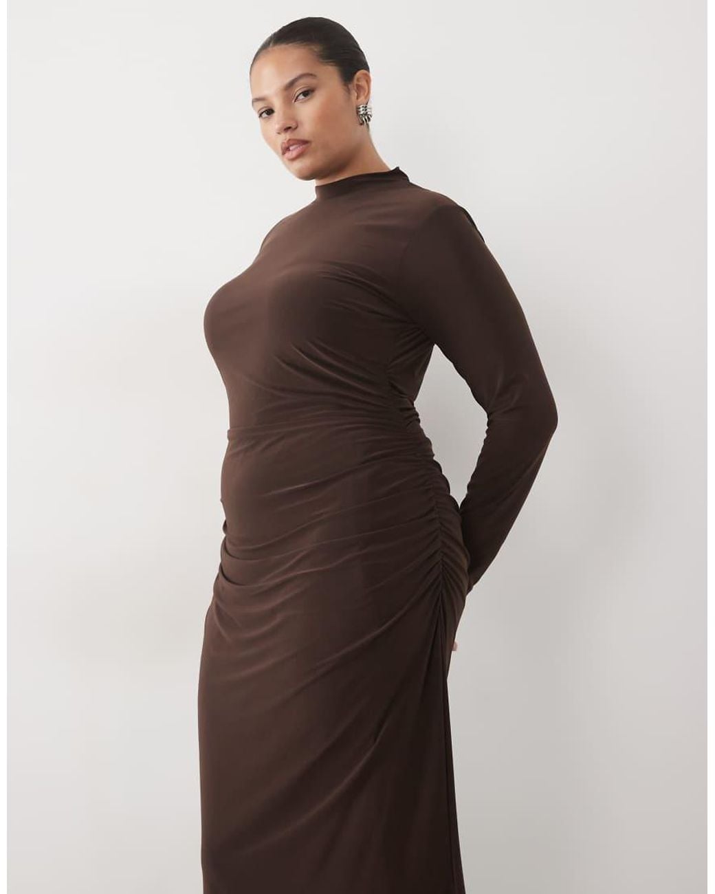Tfnc Plus Brown Mesh High Neck Ruched Side Maxi Dress