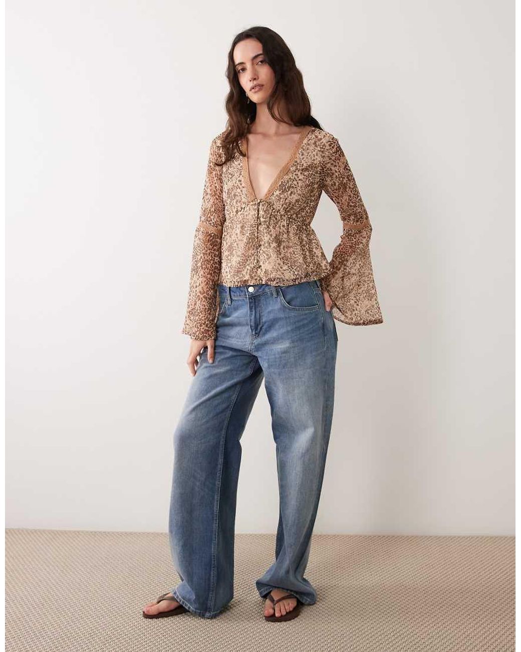 Miss Selfridge Brown Chiffon Fluted Sleeve Blouse