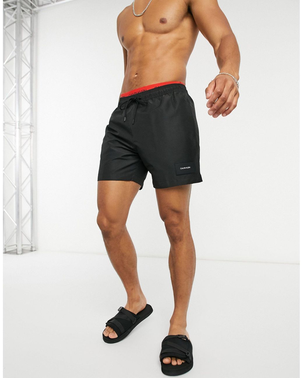 Calvin Klein Medium Length Swim Shorts With Double Waistband in Black for  Men | Lyst
